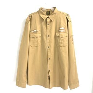 LD KASILD  Size 5 XL  Button Front L/S Mustard Yellow Military Patch Shirt